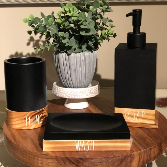 Bath Rae Dunn Black And Wood Bathroom Set Poshmark